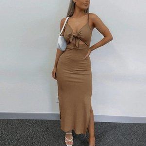 Khaki Women Side Split Unique Maxi Dress